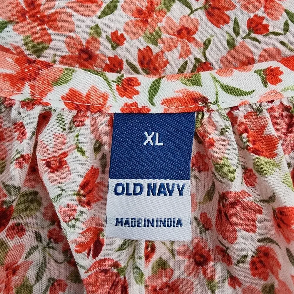 Old Navy Womens Airy Button Down Top XL Short Sleeve Red Floral Cotton Relaxed
